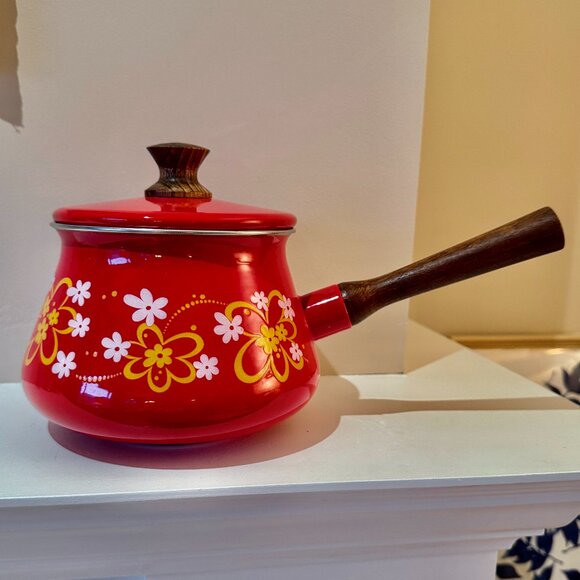 Vintage 1970s Red Retro Floral Enamel Fondue Pot - Picture 1 of 13